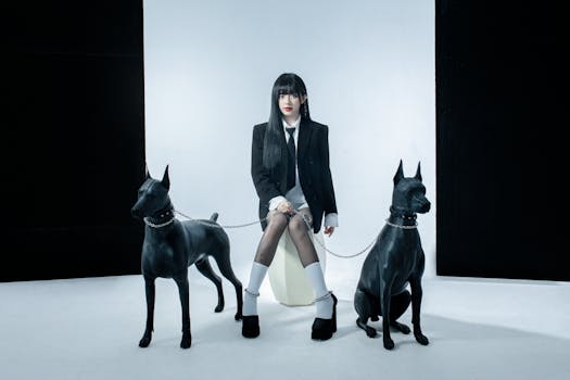 Stylish woman in a black suit sits between two Dobermans, exuding elegance and fashion in a studio setting.