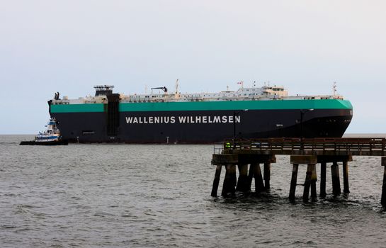 Massive Ro-Ro cargo ship 'WALLENIUS WILHELMSEN' in a Georgia harbor with dock view.