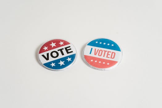 Red, white, and blue political buttons with 'Vote' and 'I Voted' text for election and civic engagement themes.